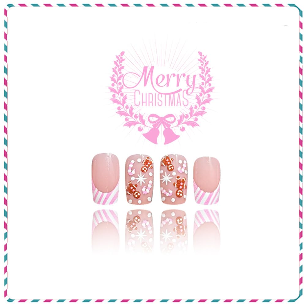 Pink French Tip Press on Nails Christmas Gingerbread Man Cane Nude Pink Nails Press ons Medium Square Fake Nails for Women Full Cover Cute Christmas Glue on Nails Holiday Nails