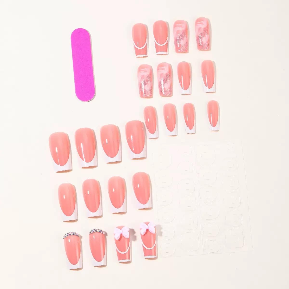 Square Press on Nails Medium - White French Tip Fake Nails with Glitter Design - Rhinestone, Bow False Nails Press ons - for Women 24 Pcs