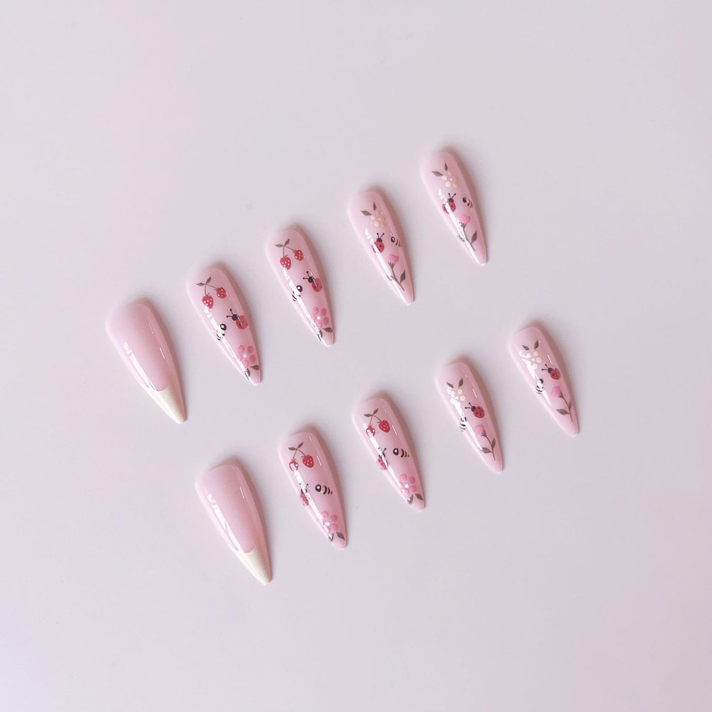 Stiletto Press On Nails Long Fake Nails Flower With Strawberry Design French Tip False Nails Full Cover Nude Pink Acrylic Nail Artificial Glossy Cute Stick On Nail For Women 24pcs