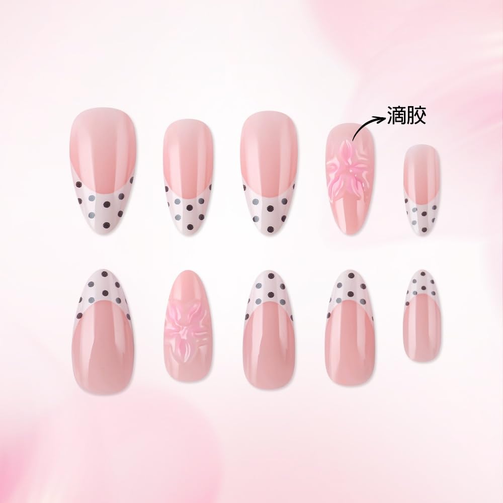 Almond Press on Nails Medium Fake Nails with 5D Flower Charm Design Glossy Polka Dots French Tips Glue on Nails Spring Summer Nail Press ons Reusable Full Cover Pink Nail for Women Manicure 24Pcs