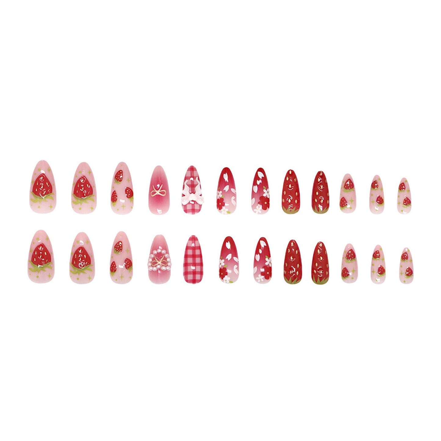 Almond Press on Nails Medium SWEKKE Fake Nails Aesthetics False Nails with Strawberry Bow Flower Designs Full Cover Glossy Glue on Nail Acrylic Nails for Women Girls 24Pcs