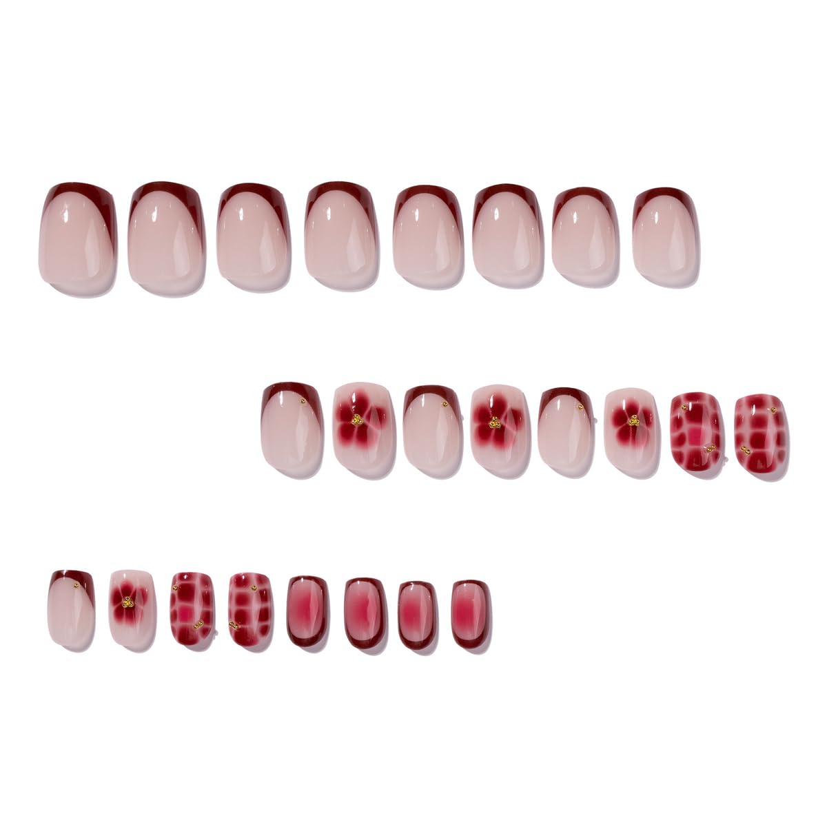 Red Press on Nails French Tip Glue on Nail Medium Square Fake Nails with Gold Beads Design Nude Nails Press ons Full Cover Stick on Nail for Women Manicure 24Pcs