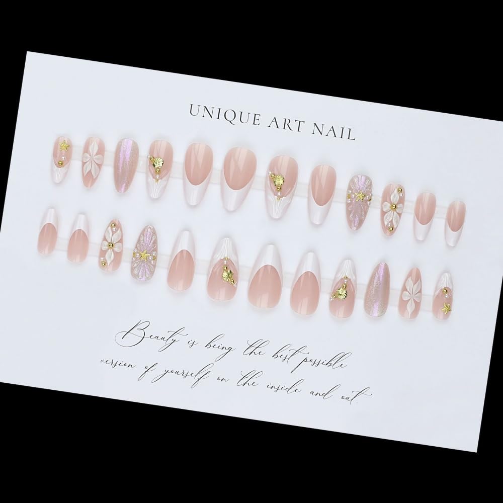 French Tips Press on Nails Medium Almond Fake Nails with 5D Flower Charm Design Glossy Pink Glitter Nails Press on Starfish Seashell Rhinestones False Nail Spring Summer Nail for Women Manicure 24Pcs