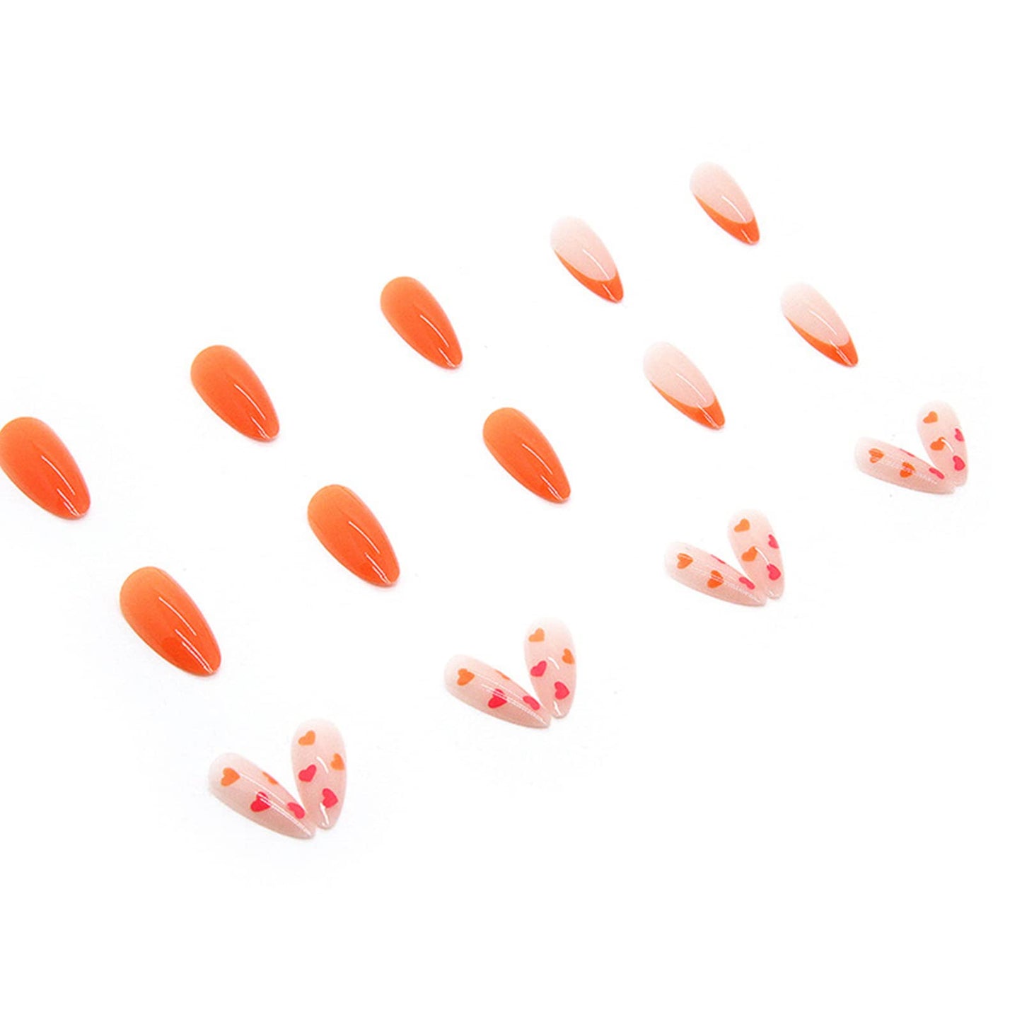 SINHOT French Tip Round Press on Naills Medium Fake Nails Heart Glue on Nails Orange Glossy False Nail Full Cover Oval Acrylic Nail for Women & Girls 24Pcs