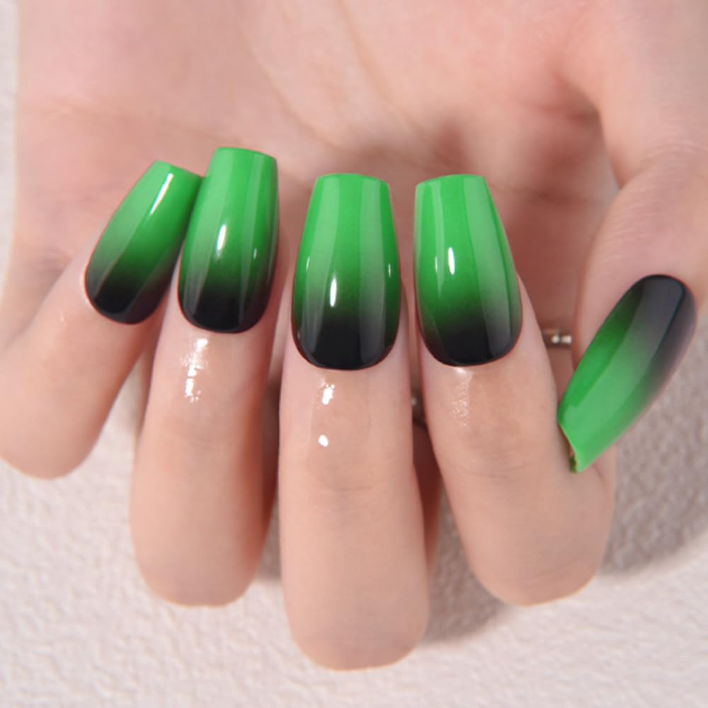 evpct Ombre Green to Black Press on Nails Short Coffin, Short Coffin Glossy Stick on Nail for Women Gift with Manicure Kit, Reusable Soft Gel Stick on Fake Nail with Glitter Designs Perfectly Fit