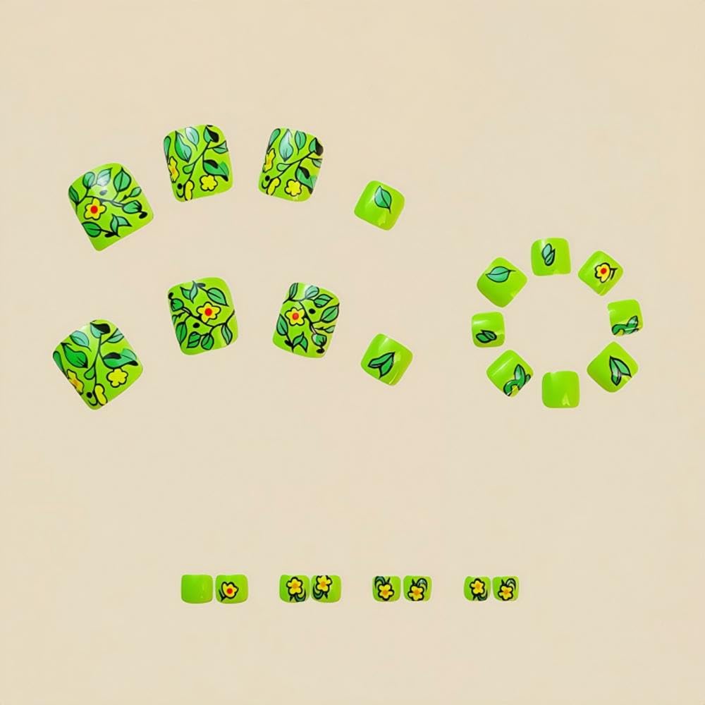 Green Press on Toenails Short Square Stick on Toenails with Yellow Flower Daisy Design Green Leaf Glue on Toenail Glossy Spring False Toenail Summer Fake Toe Nails for Women Girls Manicure 24Pcs