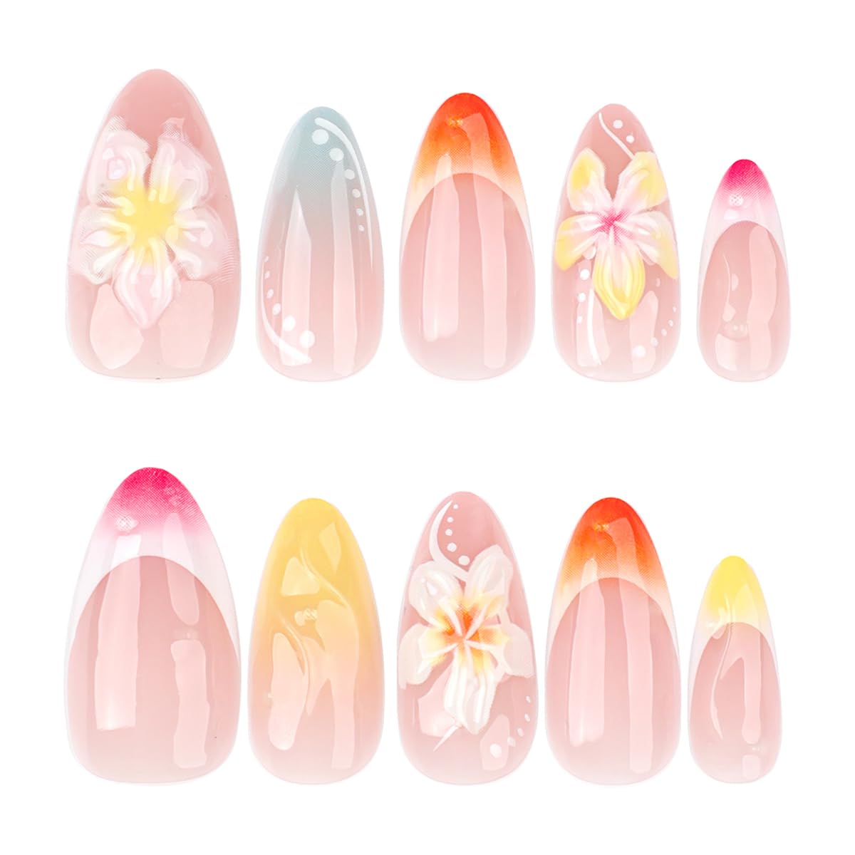PODUOJIEYI 24Pcs Colorful French Tip Press on Nails Medium Almond ABS Acrylic False Nails with 3D Flower Designs Nude Pink Glossy Full Cover Stick on Nails for Women Girls Daily Wear