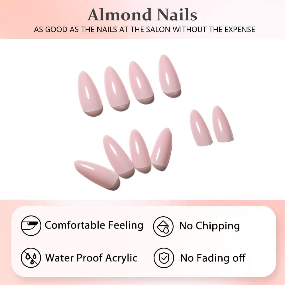Chalk Baby Pink Press on Nails Medium Stiletto Almond,KQueenest Pure Color Acrylic Nails Kit Reusable Fake Nails with Feature Protective UV Coating for Women Nail Art Manicure in 24PCS