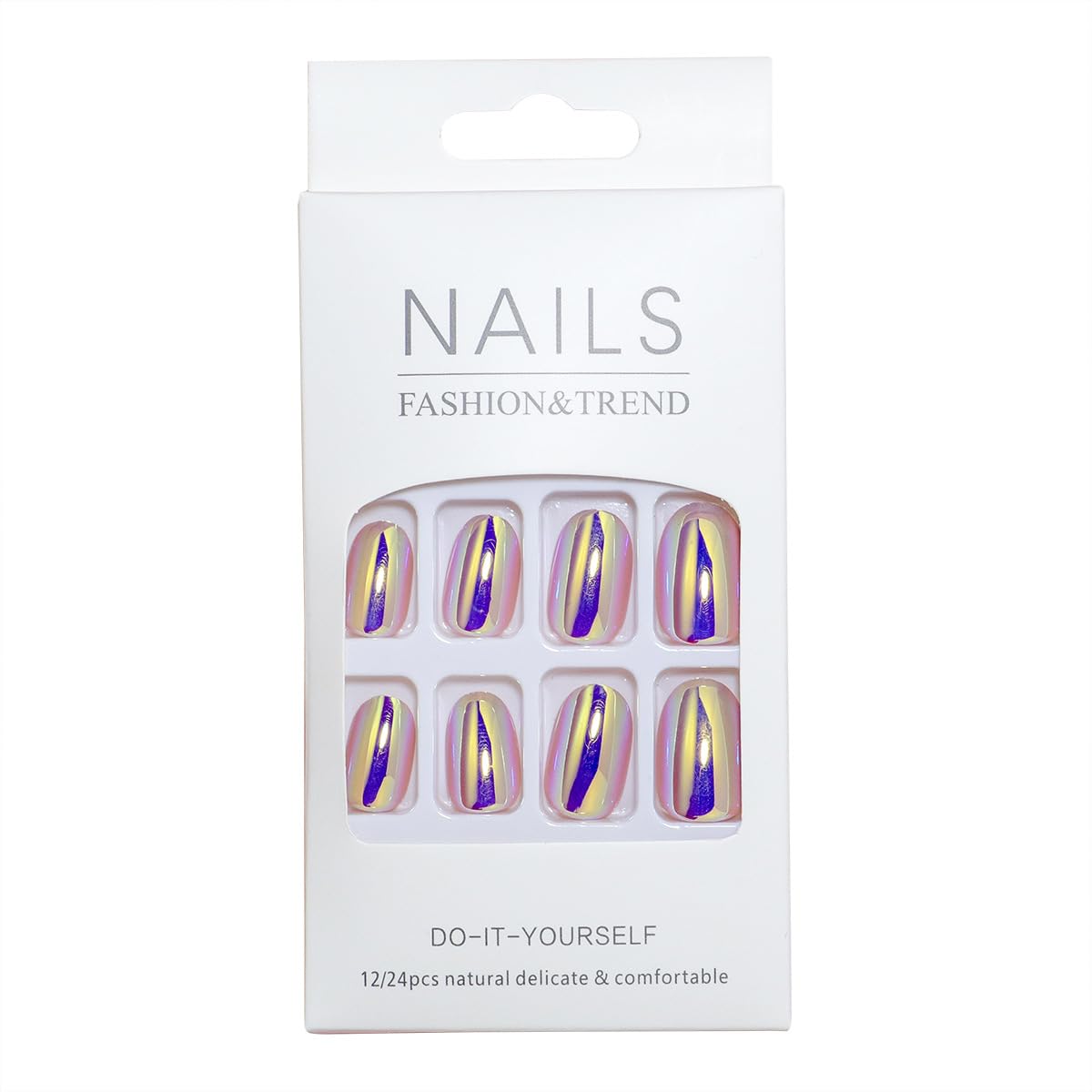 Press on Nails Short Oval Fake Nails Purple Metal Chrome False Nails with Glossy Holographic Gradient Acrylic Nails Shiny Full Cover Glue on Nail for Women Manicure 24Pcs
