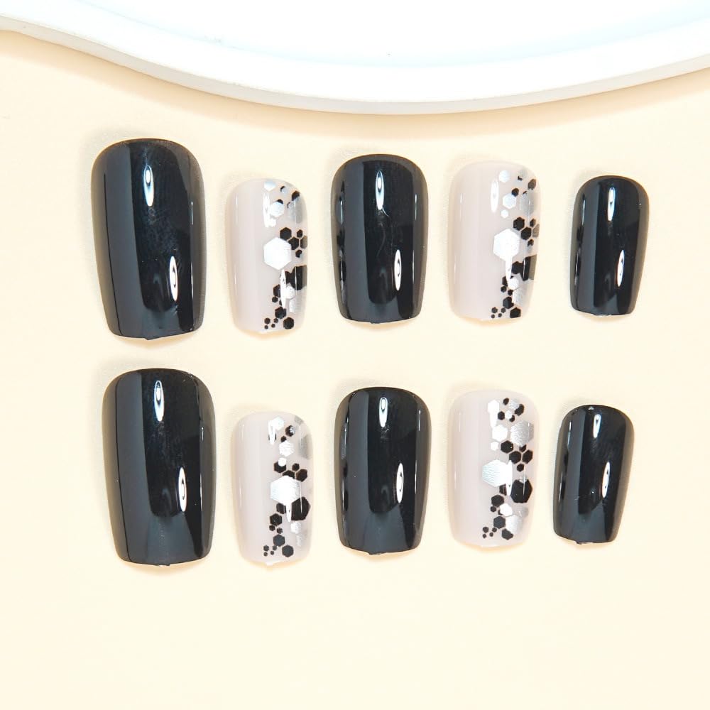 CTTHNBD Press on Nails Black - Medium Square Fake Nails with Silver Pattern Design - Glossy Full Cover Stick on False Nails - for Women 24 Pcs