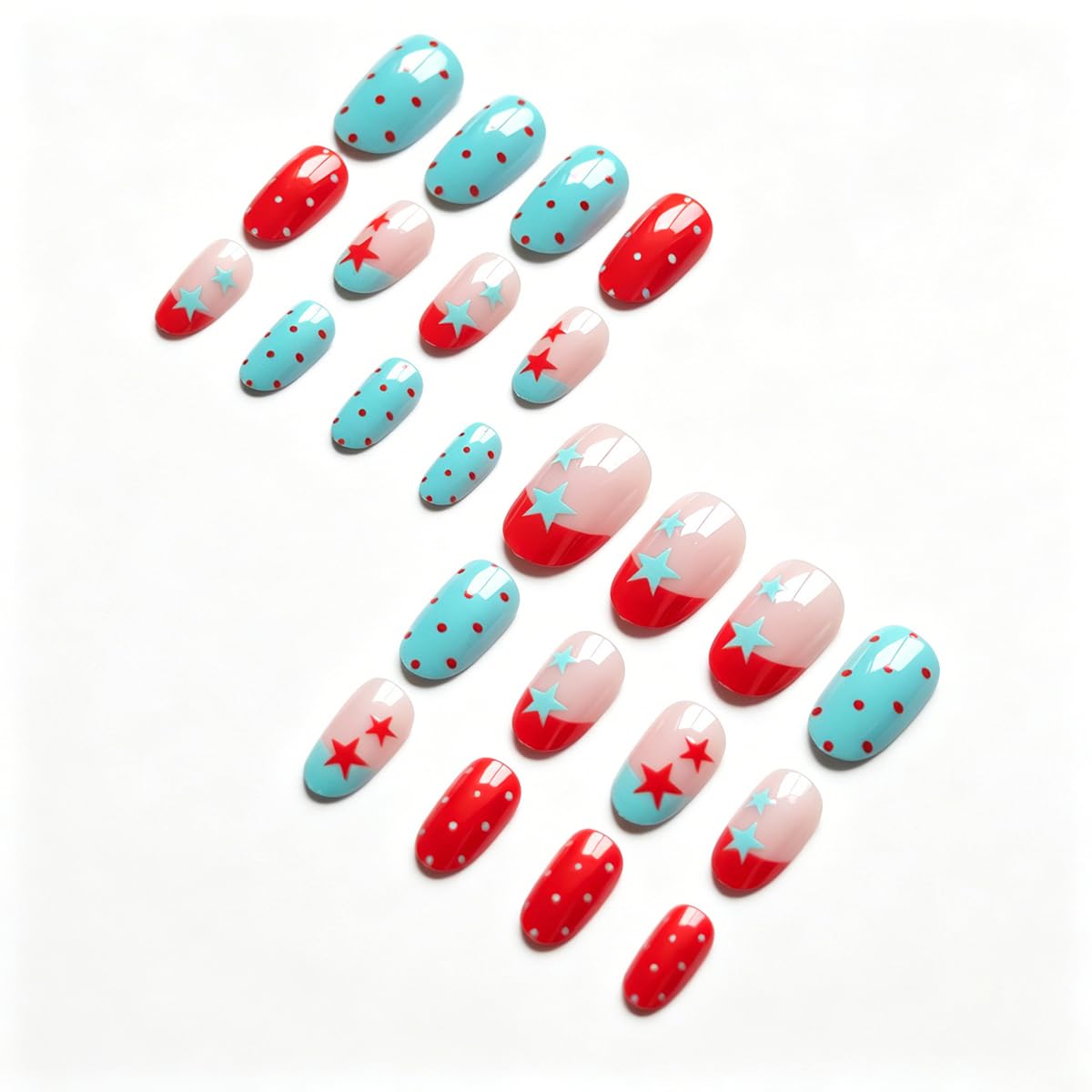 QUNQINLI French Tip Press on Nails Short Oval Fake Nails Press ons Nail Art Tips Kit with Star Polka Dots Design Red Blue False Nails Full Cover Nude Glossy Glue on Nails for Women Manicure 24 Pcs