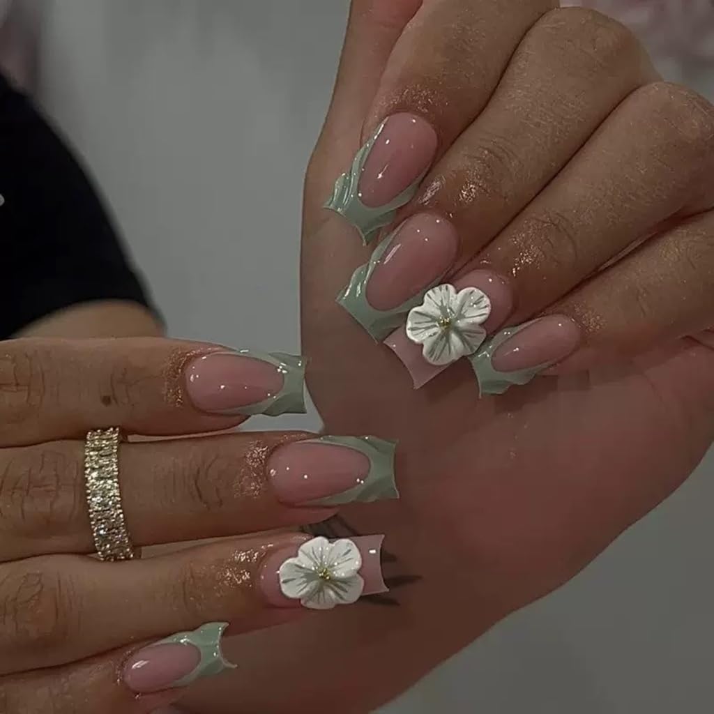 CTTHNBD Medium Press on Square Nails - Green French Tip Fake Nails with Flower Design - 3D, Spring False Nails for Women 24 Pcs