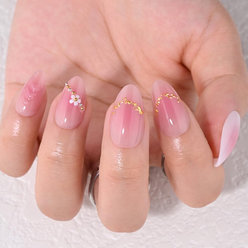 XZMeiLun 3D Flower Press On Nails Short Almond – Pink White Ombre Gold Line Designs, Acrylic Reusable Fake Nails with Adhesive Tabs Glue, Salon Quality Nail Press Ons - Nail Kit for Women Manicure