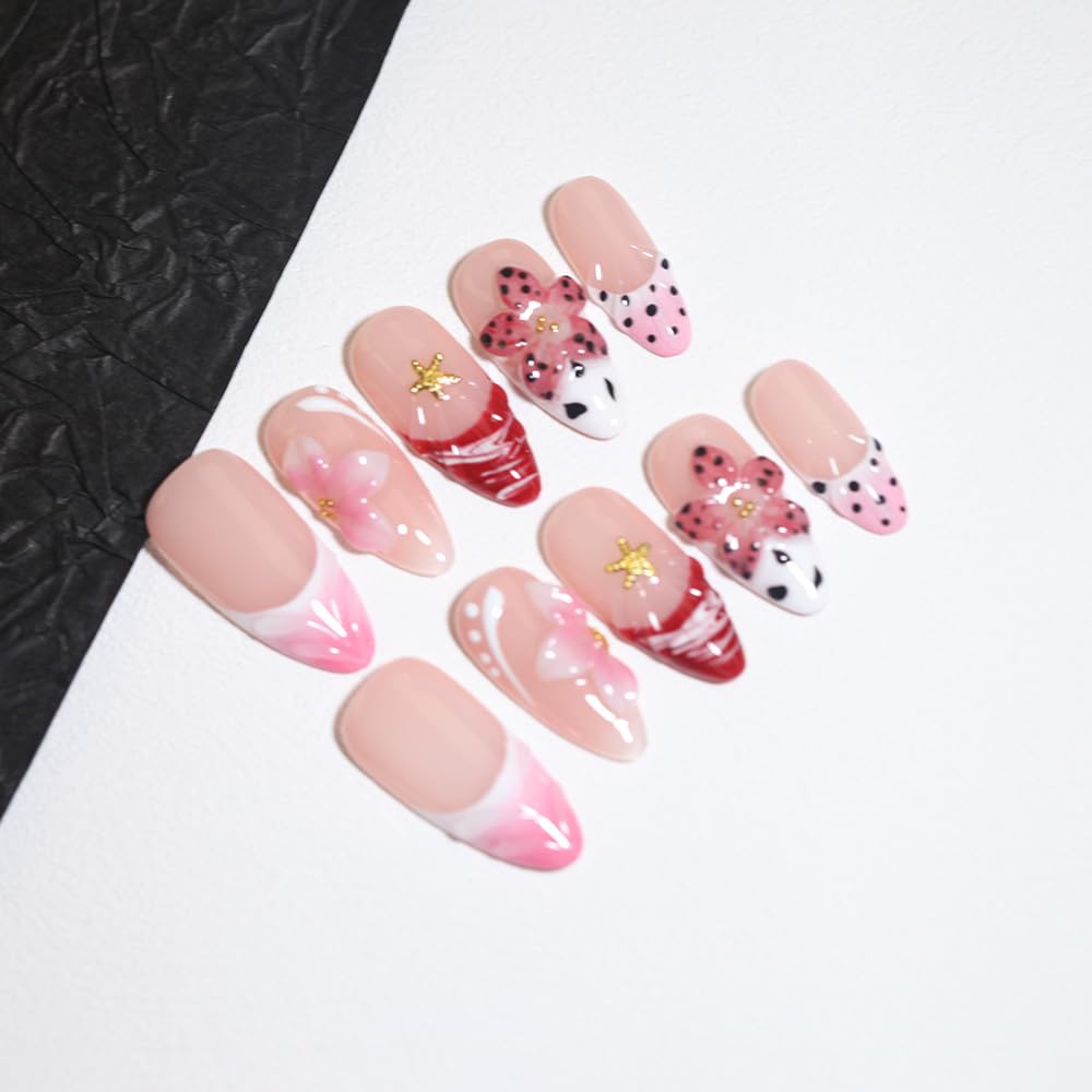 10 Almond Handmade Press - On Nails | 3D Floral, Starfish & Polka Dot Design, Pink & Red Accents | Skip Salon Trips,Reusable & Easy to Apply (25910, XS)