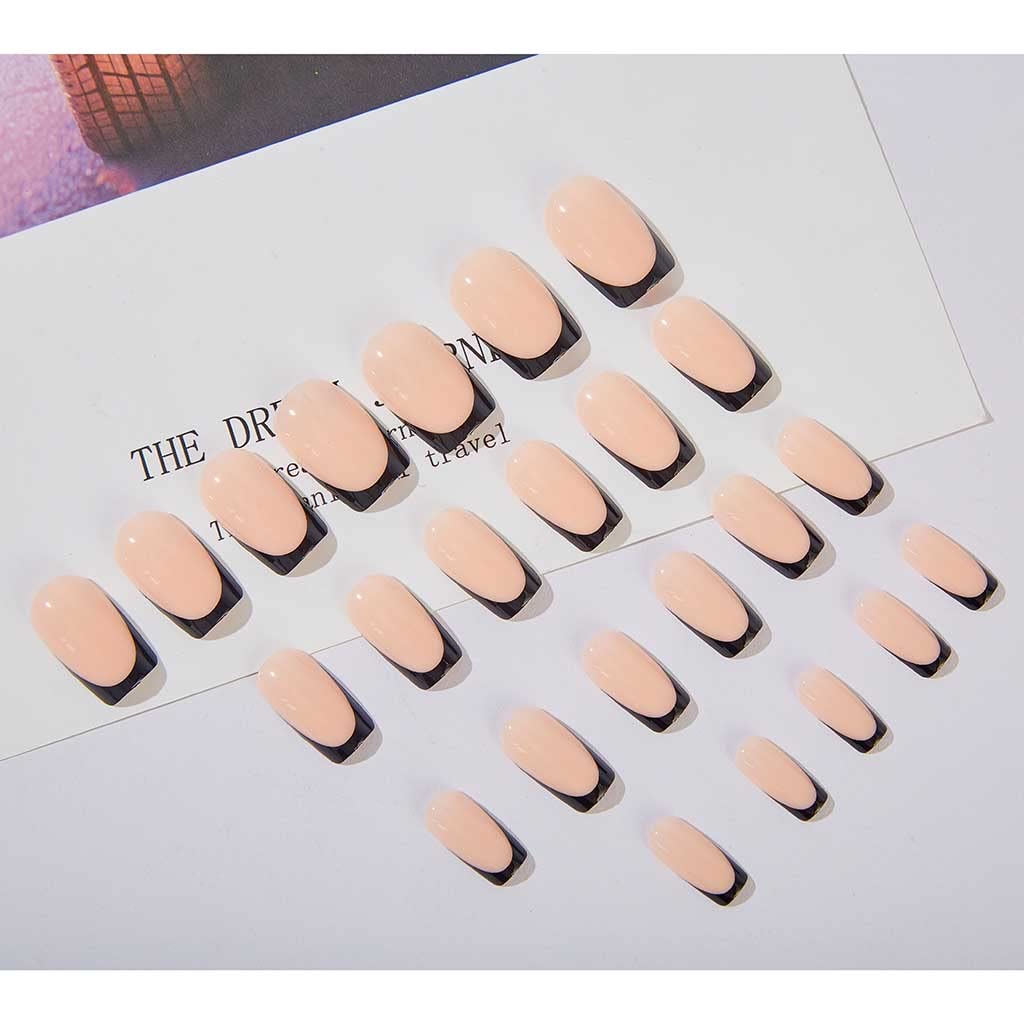 RikView French Tip Press on Nails Medium Fake Nails Black Stick on Nails Square Nude Nails for Women