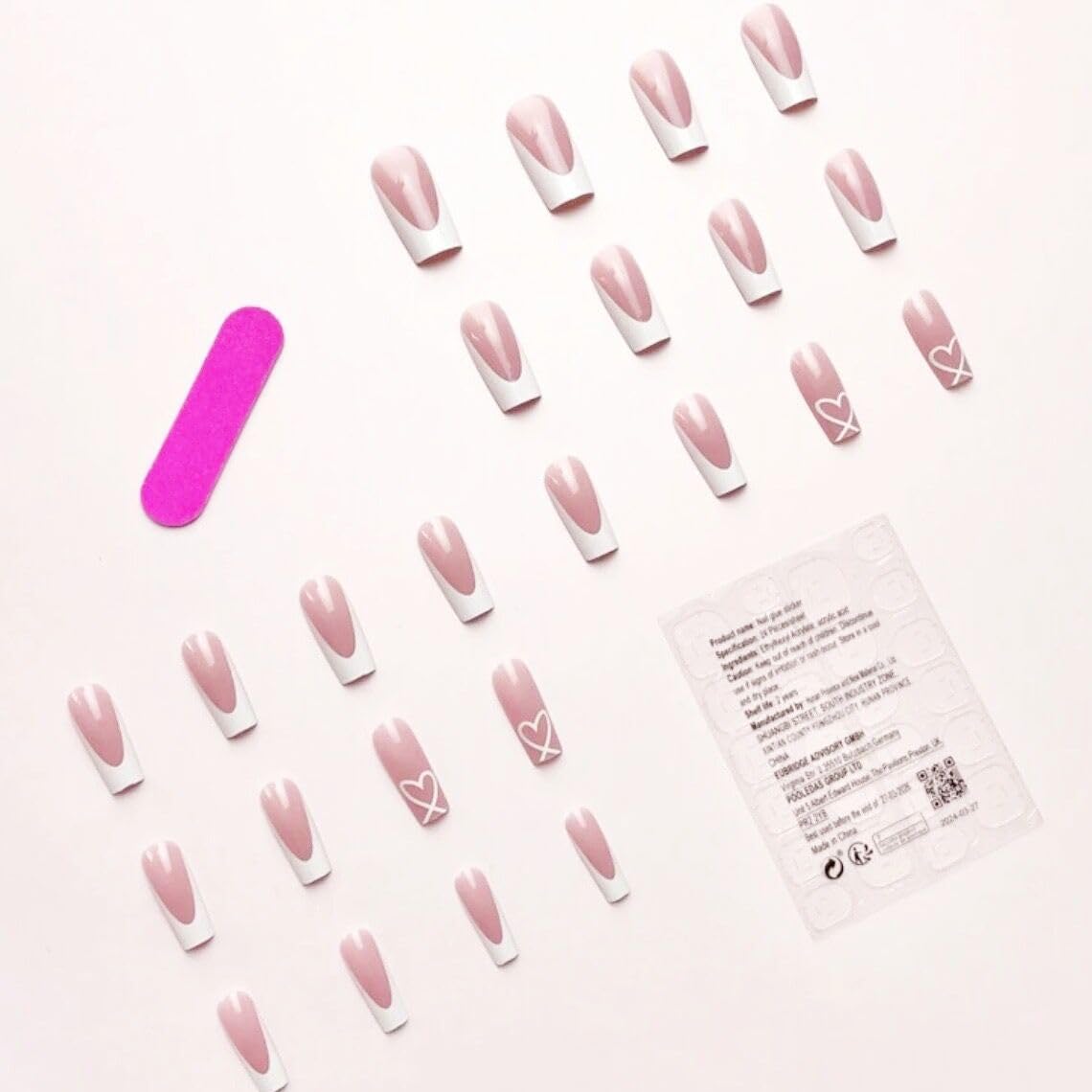 White French Tip Press on Nails Coffin Medium With Heart Design Glue on Glossy Full Cover Cute Acrylic for Women Manicure Kit 24Pcs