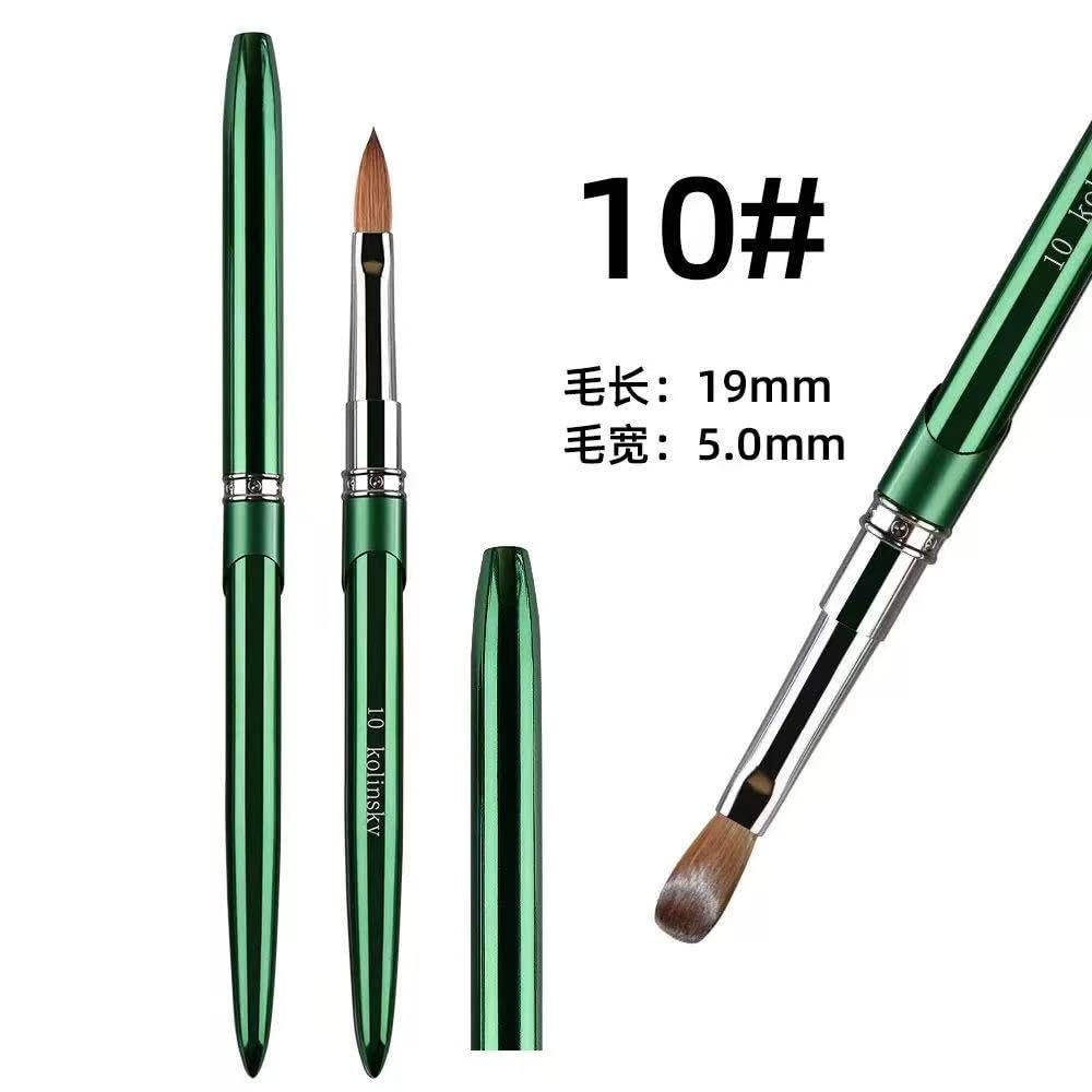 100% Kolinsky Nail Art Brushes Acrylic Nail Brushes Pure Kolinsky Hair Acrylic Crystal Chrome Green Handle with Silver Ferrule Round Shaped for Women Girls Manicure Tools Accessories-Size 10