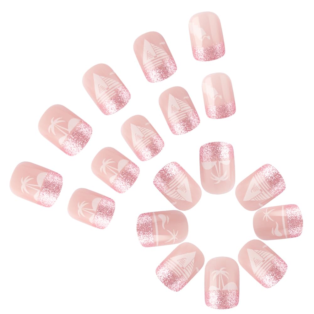 Taoyisent Pink Glitter Press On Nails Short Square 24PCS Soft Gel Reusable Fake Nails Beach Palm Tree Design Full Cover Stick On Nails for Women
