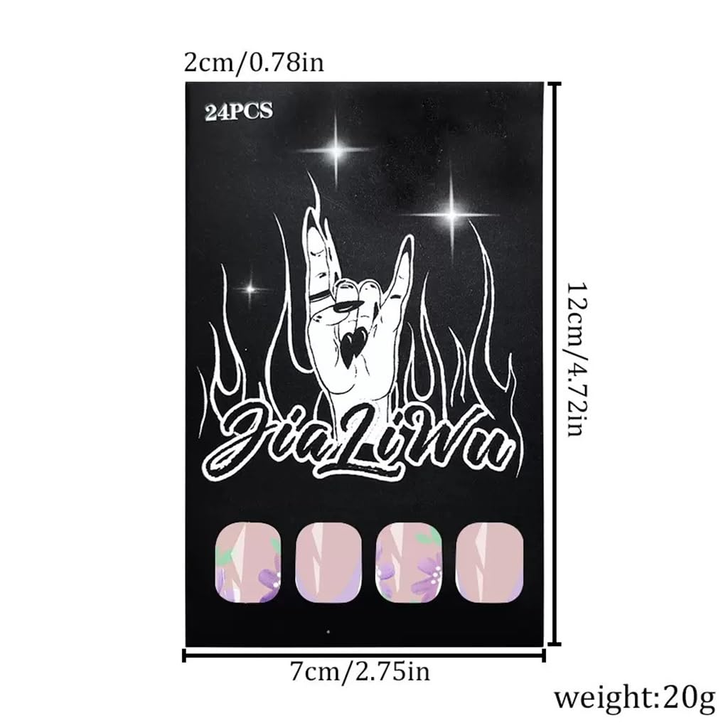 CTTHNBD Short Press on Nails Almond - Purple Fake Nails with Flower Design - Spring, French Tip False Nails - for Women 24 Pcs
