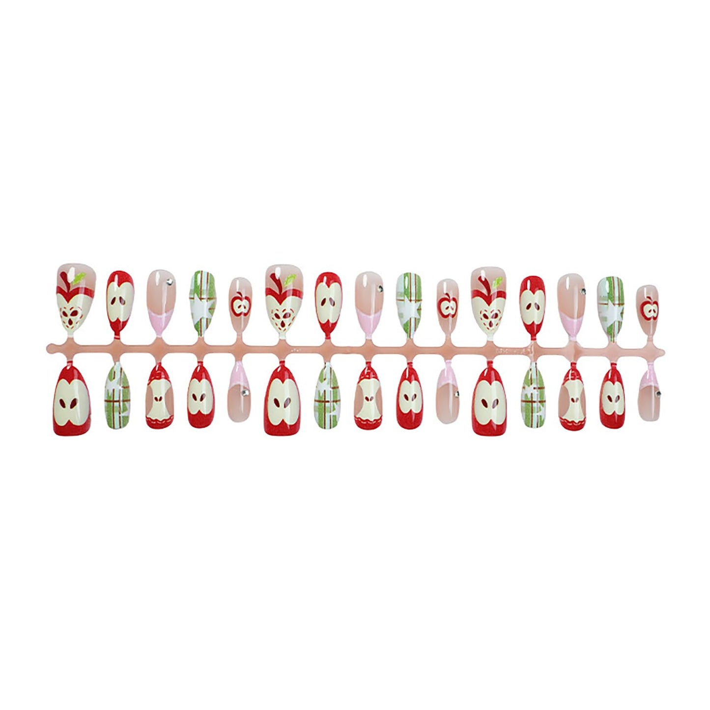 30pcs Almond Press on Nails Medium Fake Nails Pink French Tip Glue on Nails with 3d Rhinestones Designs Cute Apple Full Cover False Nails Green Plaid Star Artificial Stick on Nail Decoration for Women