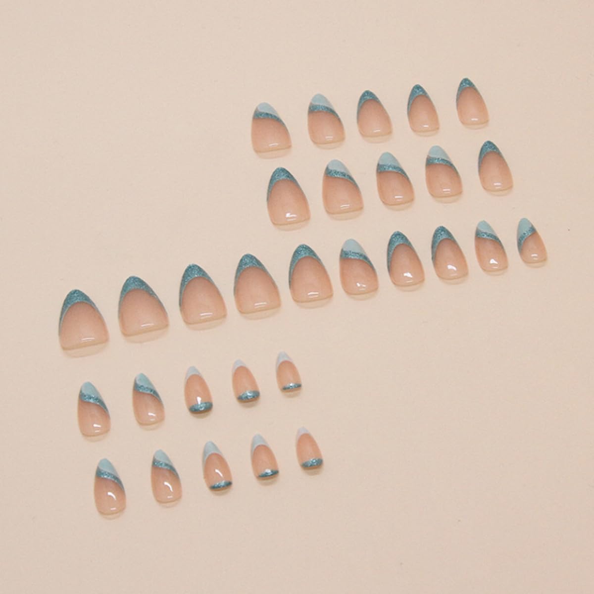 30Pcs Blue French Press on Nails Medium Almond WLGDLH Fake Nails Nude False Nail Tip Kit with Glitter Lines Designs Sparkly Glossy Glue on Nails Full Cover Acrylic Cute Stick on Nail for Women