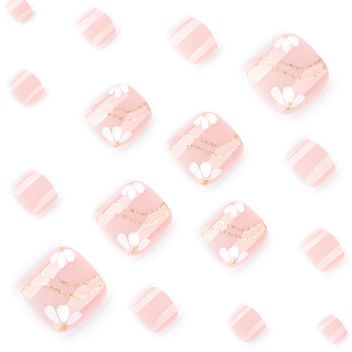 PEPFTG Pink Press on Toenails Short Square Fake Toenails with Flower Gold Line Design Stick on Nails French Tip Nails Press on Toenails Summer Acrylic Glue on Toenail for Women Manicure 24Pcs