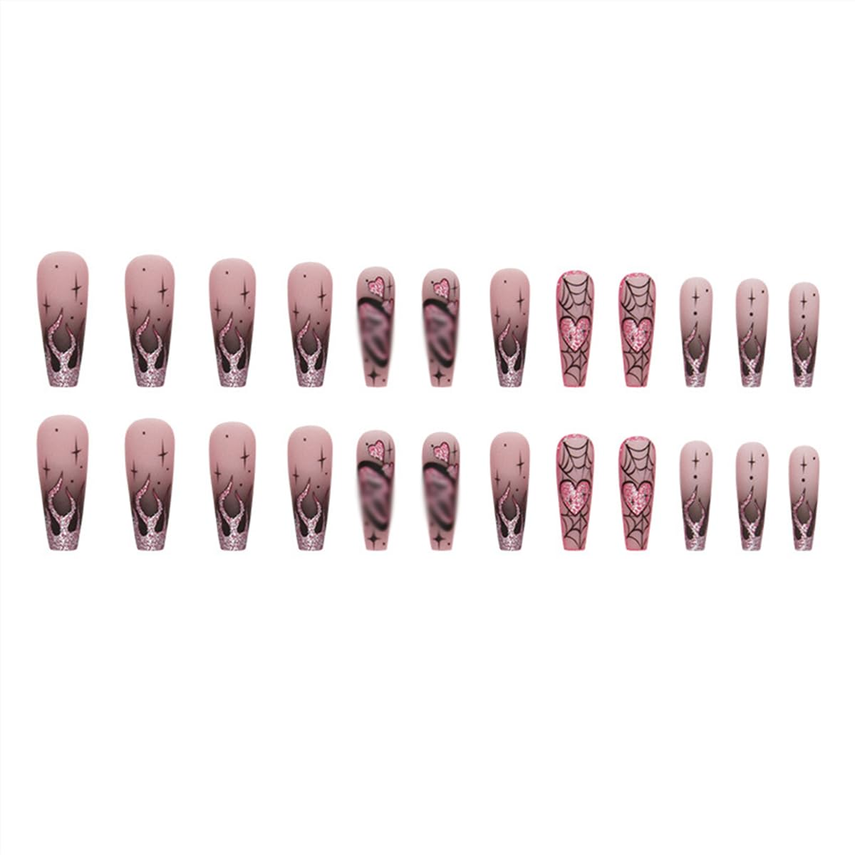 Halloween Press on Nails Long Coffin Fake Nails with Designs Cute Ghost False Nails Heart Flame Spider Skull Glue on Nails Full Cover Suqare Artificial Acrylic Stick on Nail for Women Girls 24 Pcs