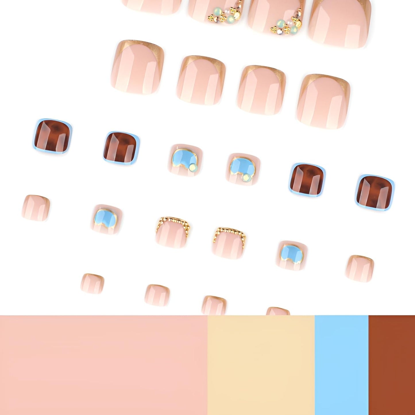 French Tip Press on Toenails Short Square Fake Toe Nails Leopard Print Toenail Press ons Rhinestones Glue on Toe Nail Glossy Glue on Toe Nail Acrylic Stick on Toenail for Women Set 24Pcs
