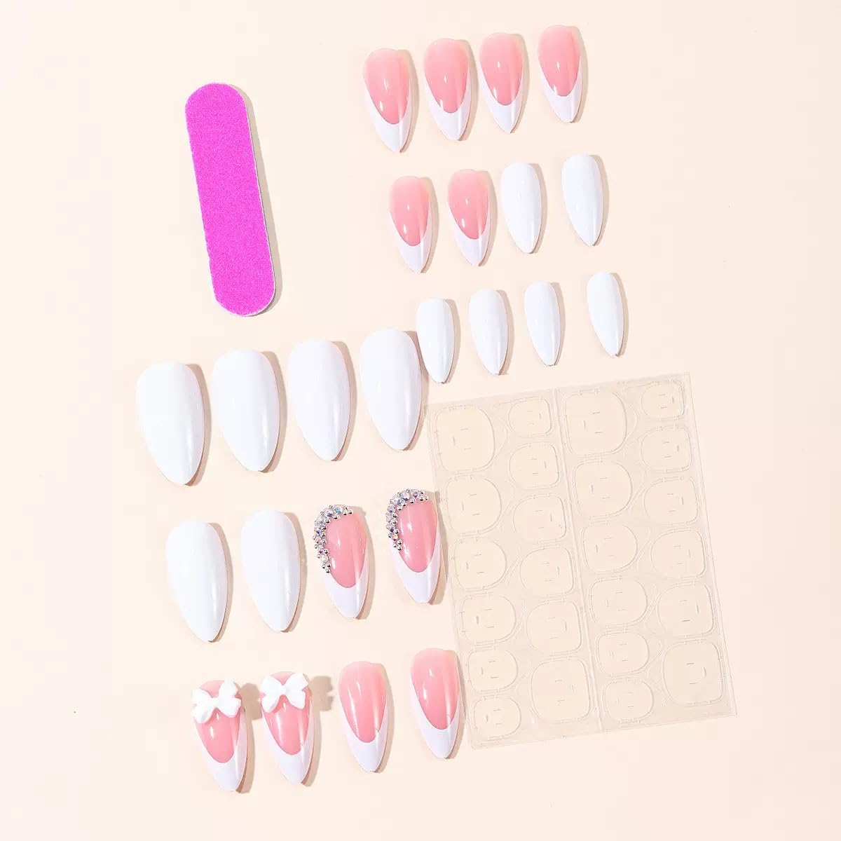 CTTHNBD Press on Nails Almond - Flower Fake Nails with Polka Dot Design - Winter, Ombre Full Cover Stick on False Nails - for Women 24 Pcs
