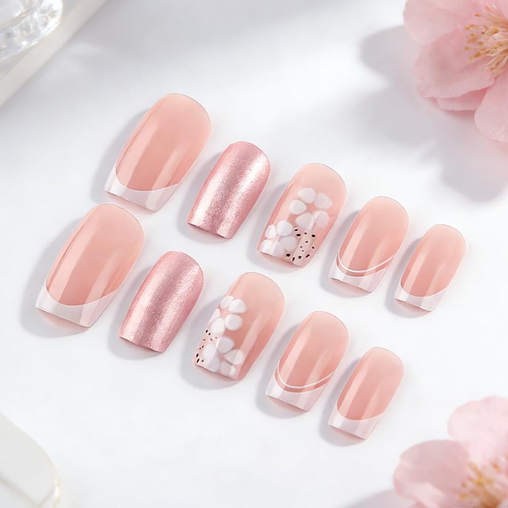 Taoyisent Nude Pink French Tip Press On Nails Short Square Glossy, Floral Fake Nails with Glitter Accent, Reusable Full Cover Stick On Nails for Women Wedding Office Daily Wear, 24PCS