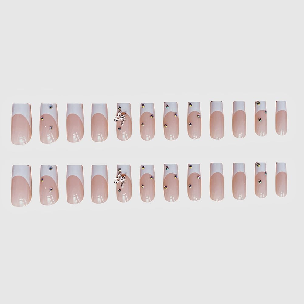 WAFOLOZE Nails Press ons,White French Tip Press on Nails Long Fake/False Nail with Butterfly Nail Charms Press ons Designs Gloss Acrylic Artificial Stick on Nail for Women 24Pcs