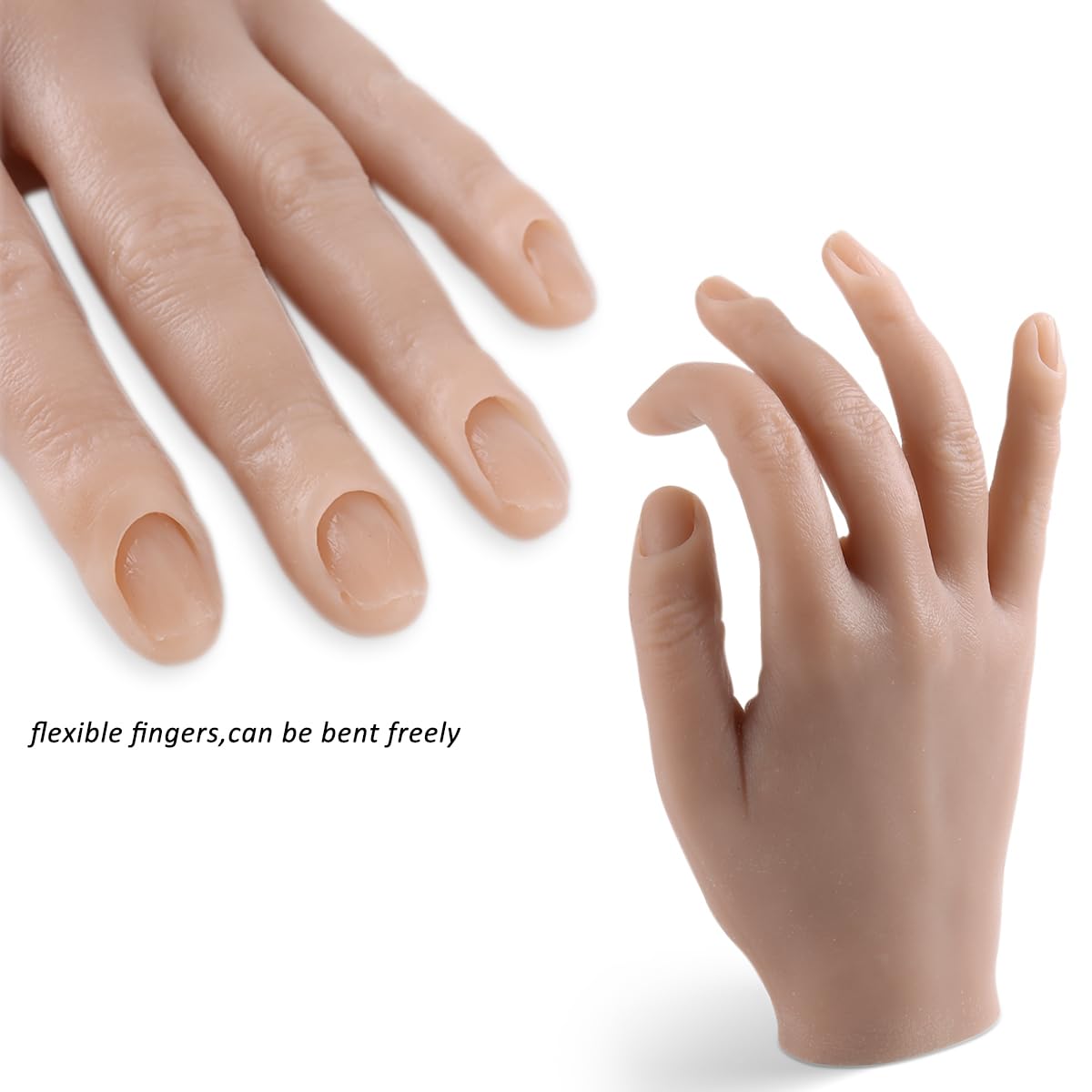 Fcozpjk Silicone Practice Hand for Acrylic Nails, Soft Flexible Fake Hand Practice Nail Acrylic Technician Fake Nail Mannequin Hand with 100PCS False Nail Tips, Nail Art Beginner Kit Training Tools