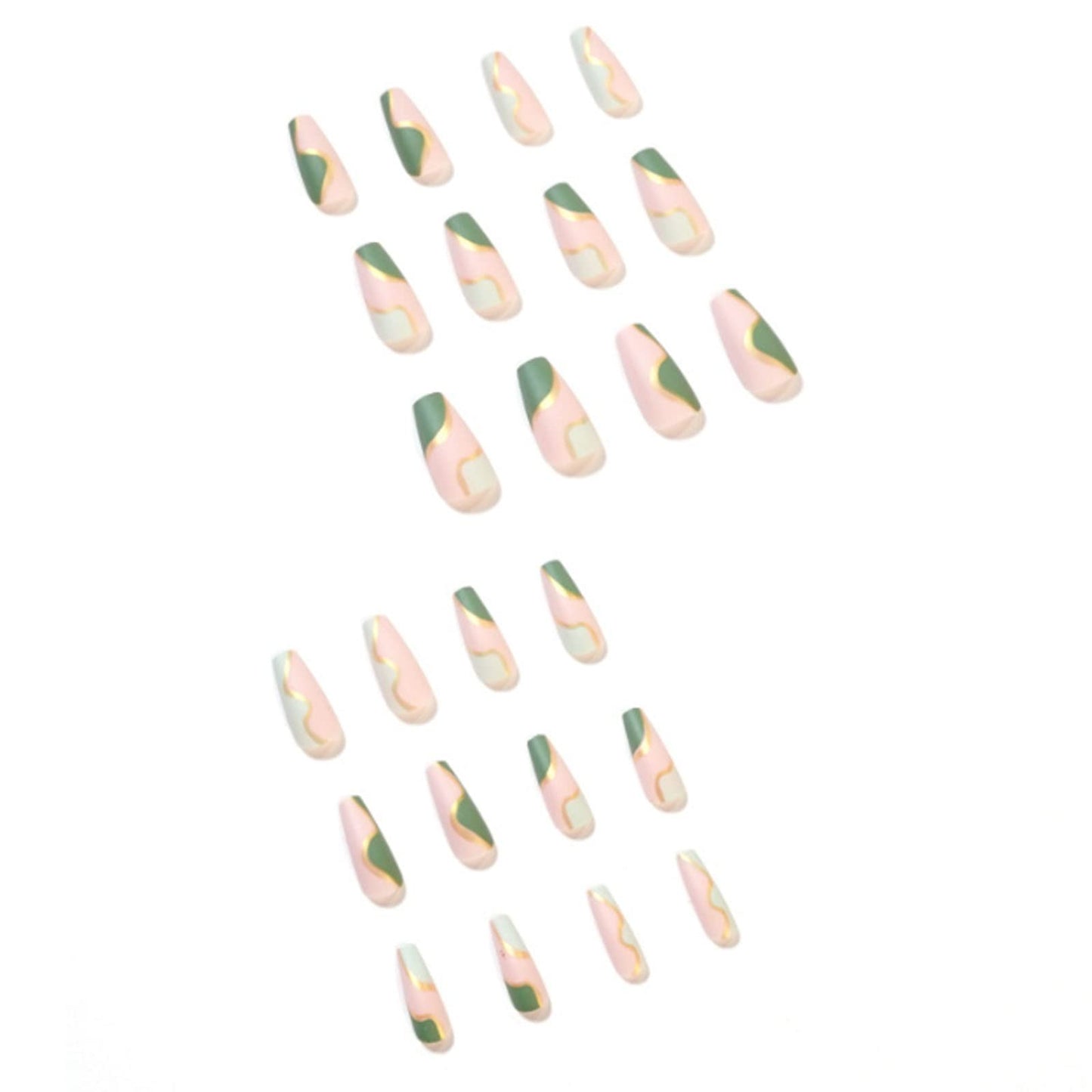 Hkanlre Coffin Press on Nails Gold Line Medium Fake Nails Acrylic Geometry False Nails Full Cover Nails for Women and Girls 24PCS