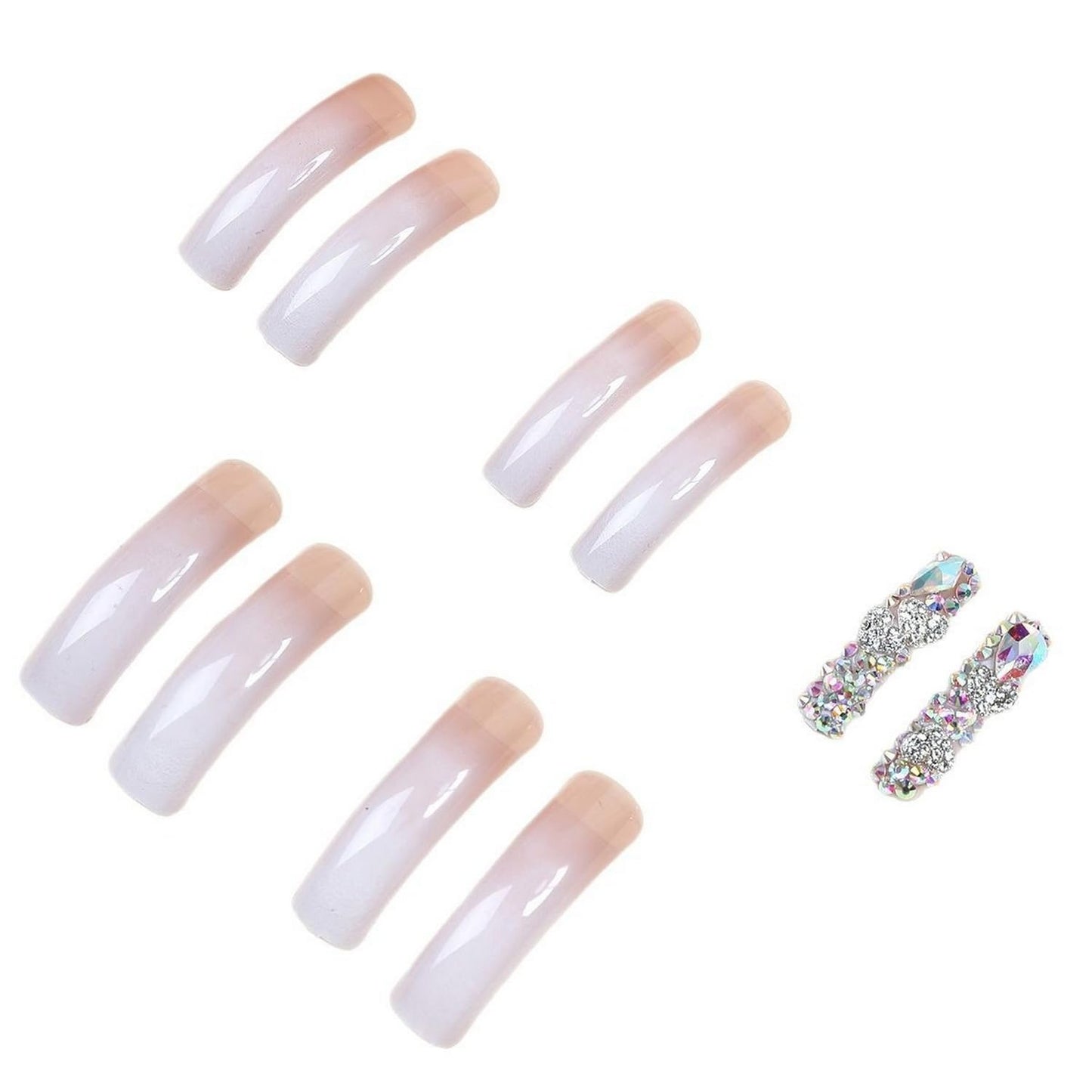 Curved Nail Tips Press on Nails with 3D Handmade Rhinestones Designs Long Curved Press on Nails Extra Long Square Curved Nails Full Cover Pink White Gradient False Nails for Women Nail Art