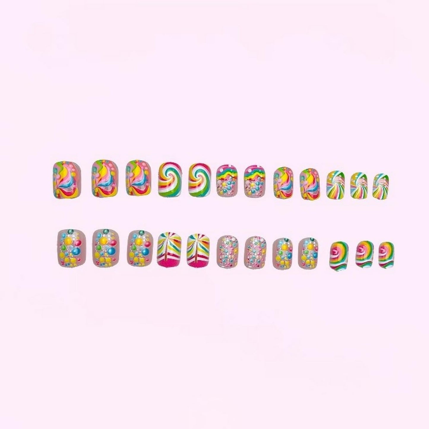 24pcs Summer Press on Nail Cute Fake Nails Short Square Full Cover Stick on Nail with Rainbow designs Colorful Press ones Reusable Glue on Nails for Women Vacation Manicure