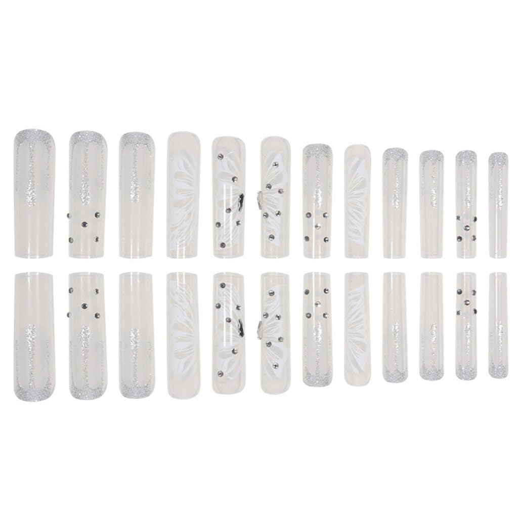 Foccna Press on Nails Super Long Rhinestone White Fake Nails Square Bling Glossy Butterfly False Nail Tips Artificial Nails Finger Manicure for Women and Girls-24pcs
