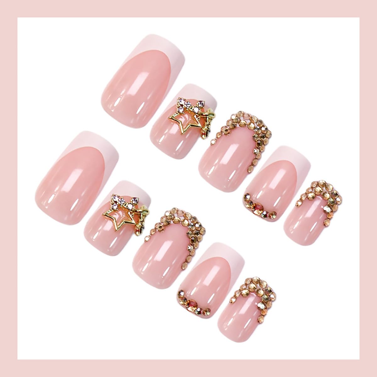 24Pcs Gold Rhinestones Press on Nails Short Square French Tip Fake Nails 3D Diamond with Gold Star Gems Glitter Full Cover Reusable Acrylic Nails Glossy Stick on Nails for Women Girl Acrylic Nails DIY