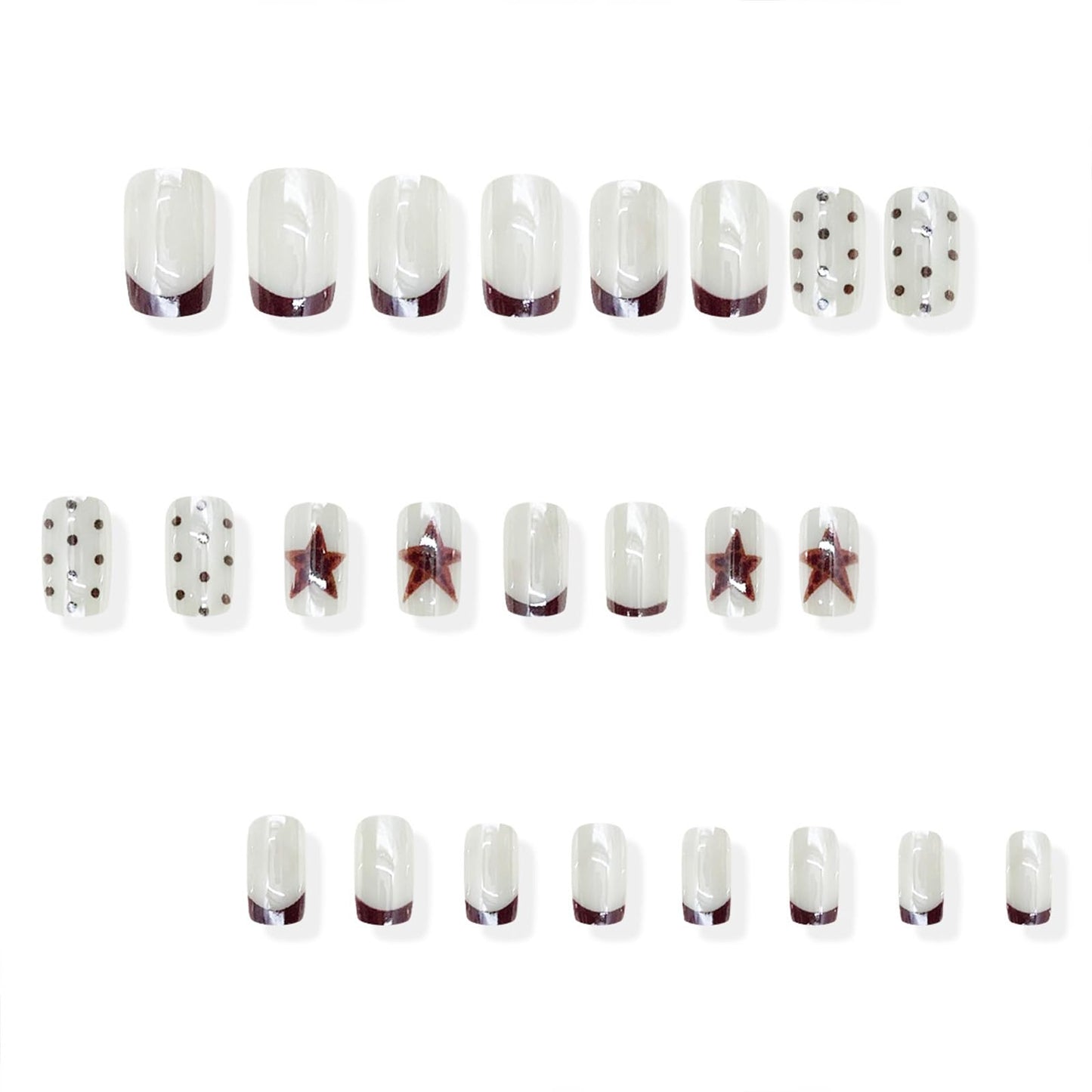 SINHOT Coffin Press on Nails - Medium Fake Nails, Glossy Finish, Polka Dot & Brown Star, Reusable Artificial False Nail Art - 24 Pcs Nail Kit with Glue