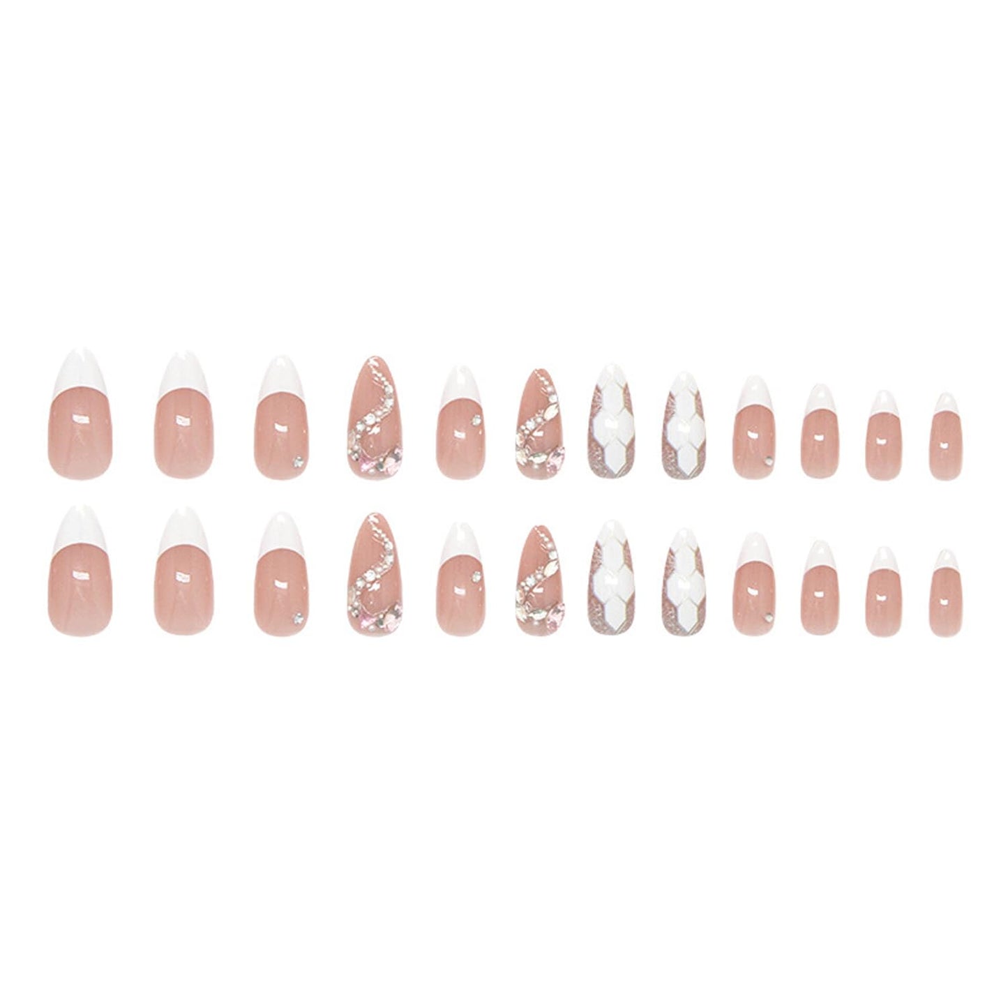 YKZFUI 24Pcs French Tip Press on Nails Medium Almond with 3D Crystal Rhinestones Design, White French Nails Press ons Cute Stick on Nails Little Snake Fashion Acrylic ABS DIY False Nails Set for Women