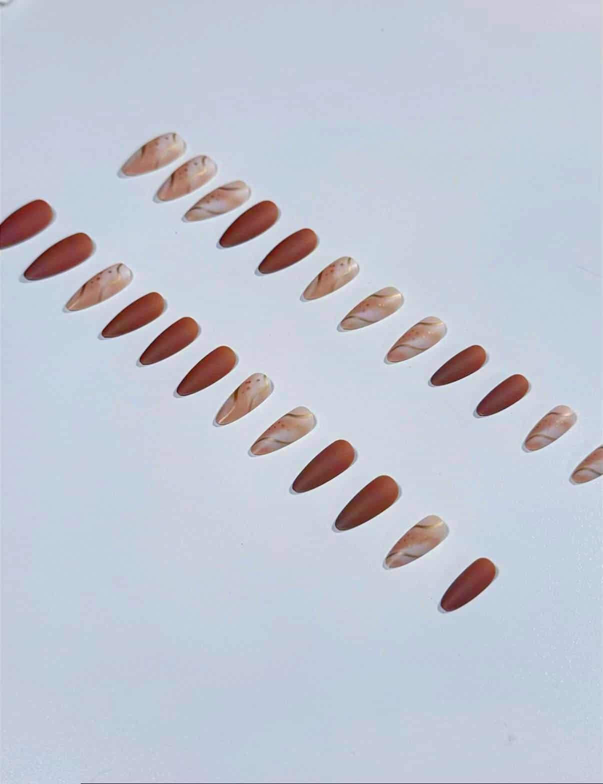 Mother's Day Nails Brown Glazed Chocolate Press on Nails, short almond, gold line french, Matte Marble with gold line, Perfect for Winter and Daily Wear, 24pcs Reusable, Nailinism