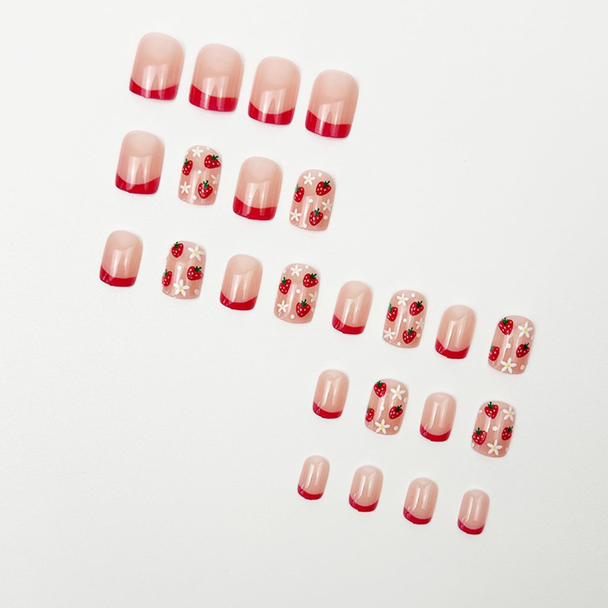 Short Square Press on Nails Red French Tip Fake Nails with Strawberry & Floral Design Nude Pink Glossy False Nails Reusable Full Cover Glue on Nails for Women Manicure Kit 24Pcs