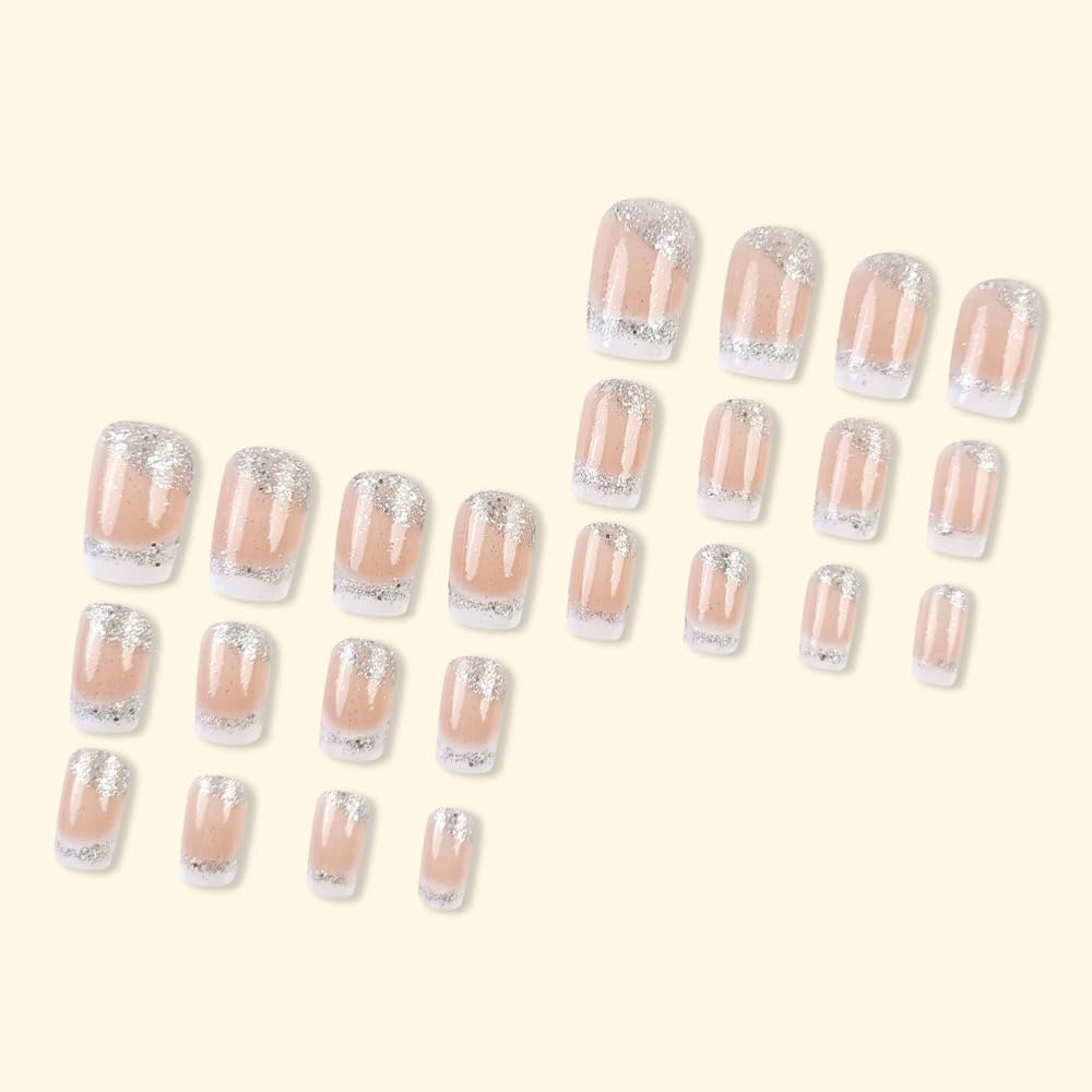 Square Press on Nails Medium French Tips Fake Nails Silver Glitter Acrylic Nails Press ons White Ombre Glue on Nail Shiny Stick on Nail Nude False Nails for Women Girls Nails Decoration 24Pcs