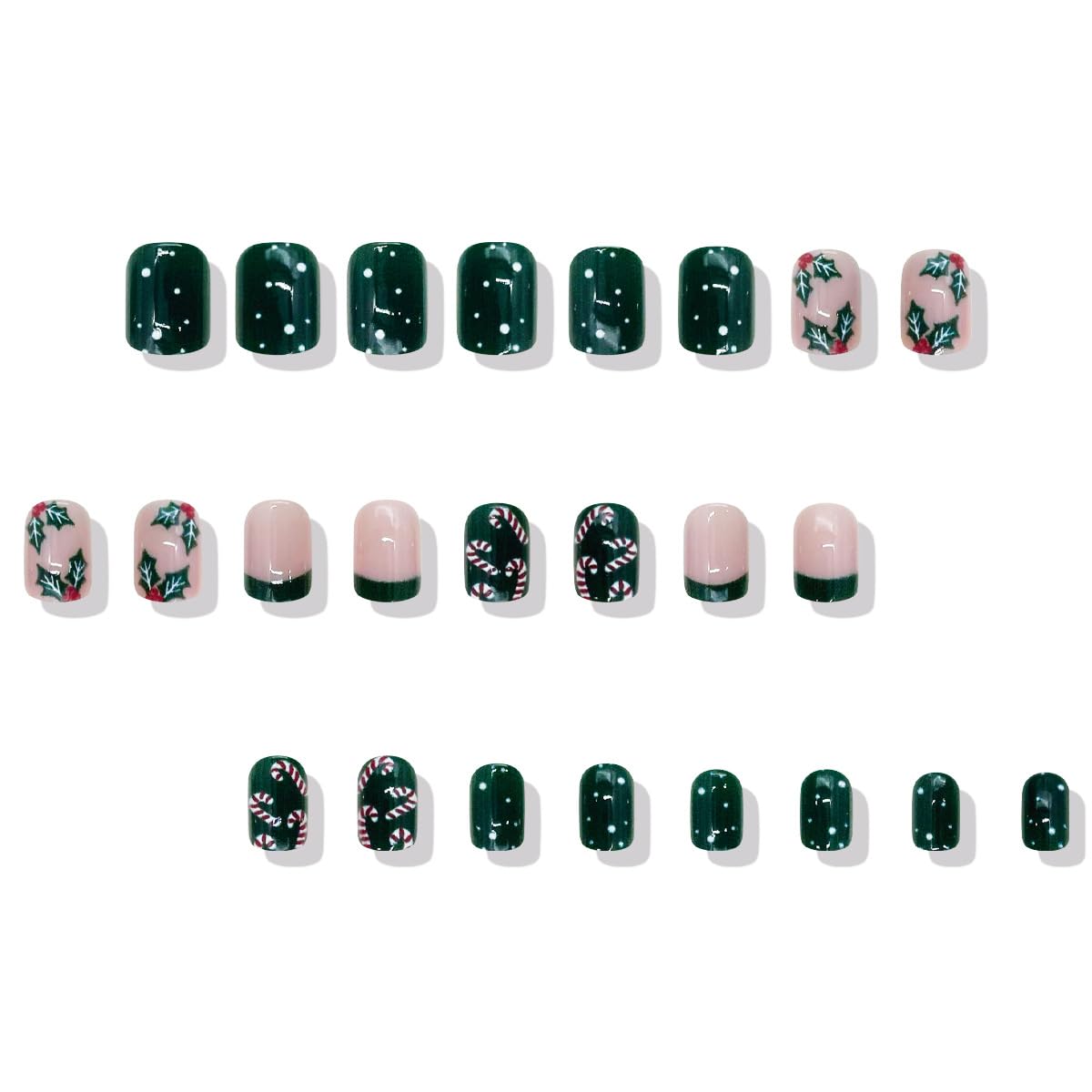 Green French Tip Christmas Press on Nails Holly Short Square Fake Nails with Candy Designs Nude Pink Glossy Acrylic Nails Xmas Full Cover Stick on Nail Winter False Nail for Women 24Pcs