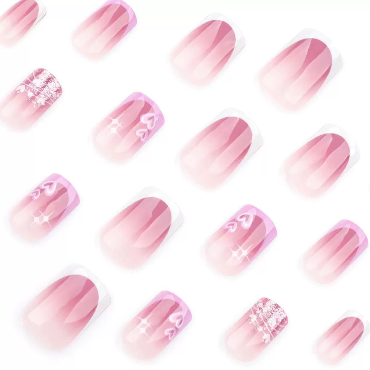 CTTHNBD Press on Nails Short Square Acrylic False Nails French Tip Heart Design Glitter Glossy Full Cover Stick on Nails 24Pcs