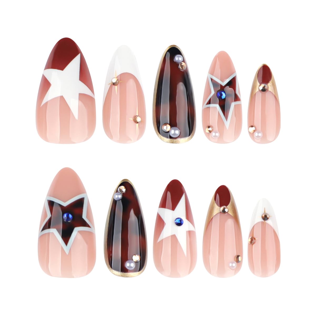 HPYFOI Press on Nails Medium Almond - Y2K Star & Brown Tortoise Fake Nails,French Tip Reusable Glue on Nails for Women Manicure 24Pcs