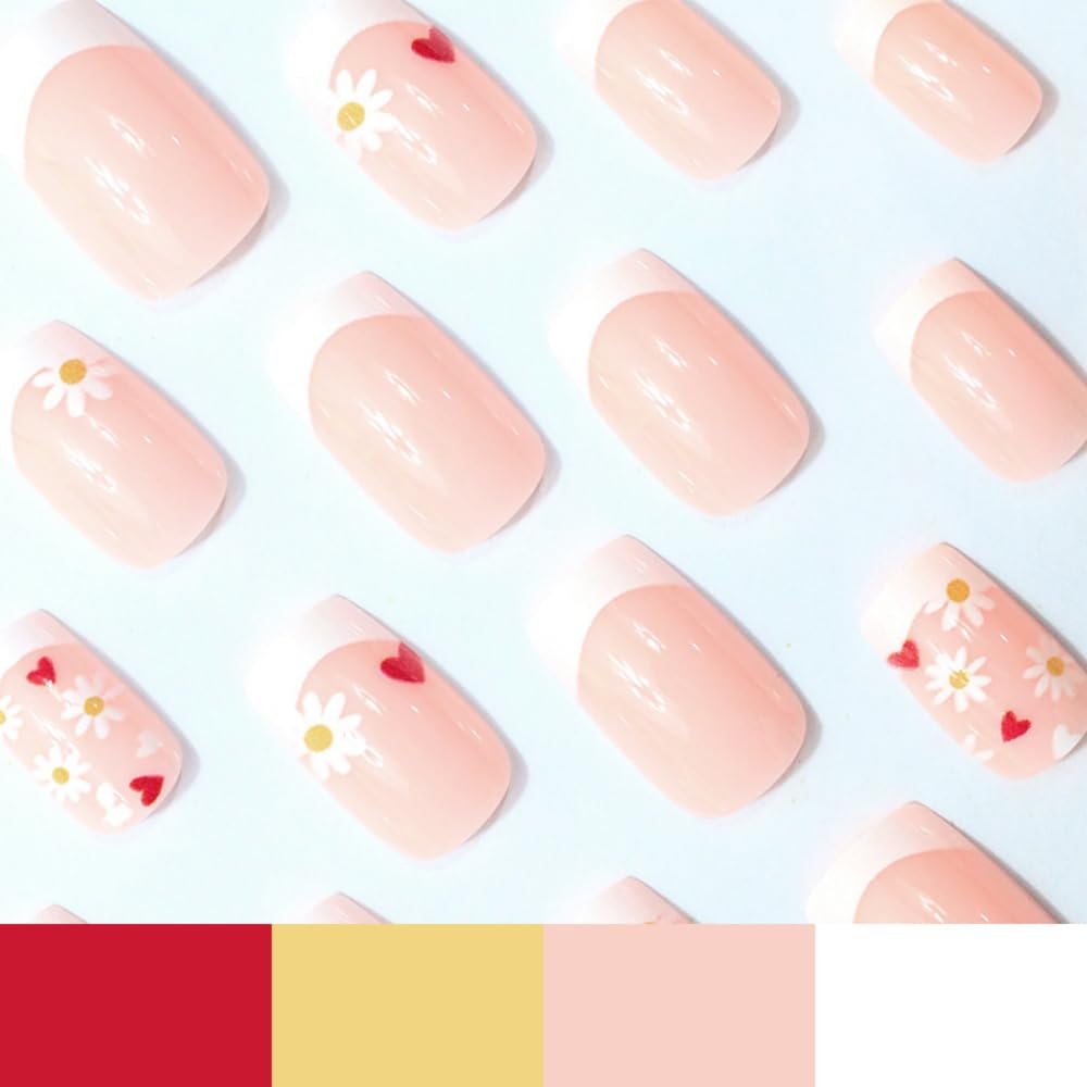 Flower Press on Nails Medium Square Fake Nails with Floral Hearts Design Glossy White French Tips Glue on Nails Spring Nails Press ons Reusable Full Cover Summer Acrylic Nails for Women Manicure 24Pcs