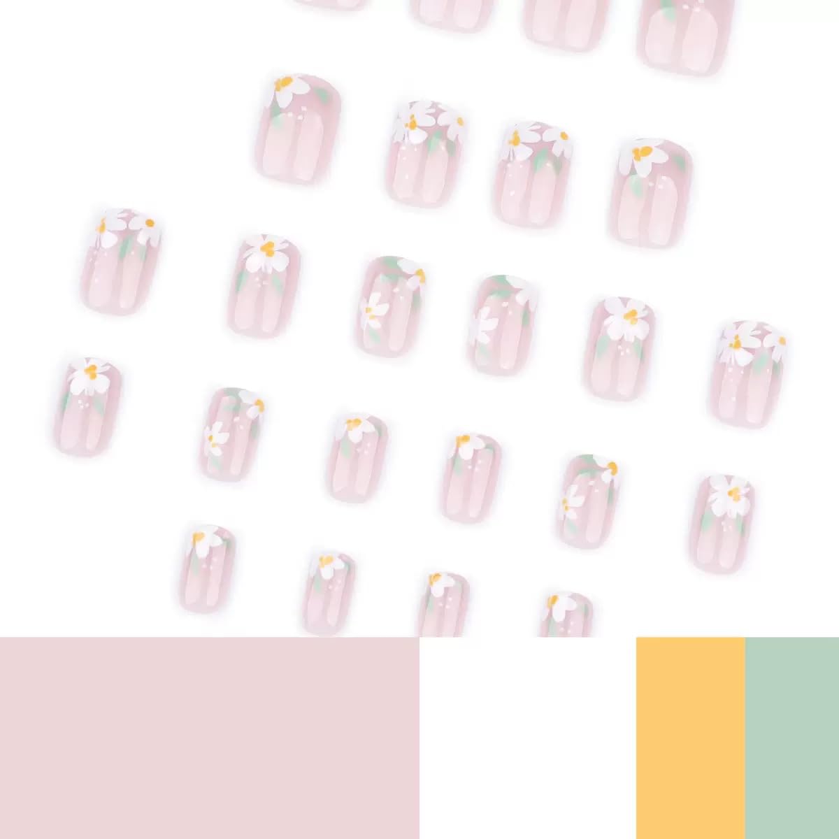 Short Press on Nails Square - Cute Fake Nails with Flower Leaf Design - Spring Full Cover Stick on False Nails for Women - 24 Pcs