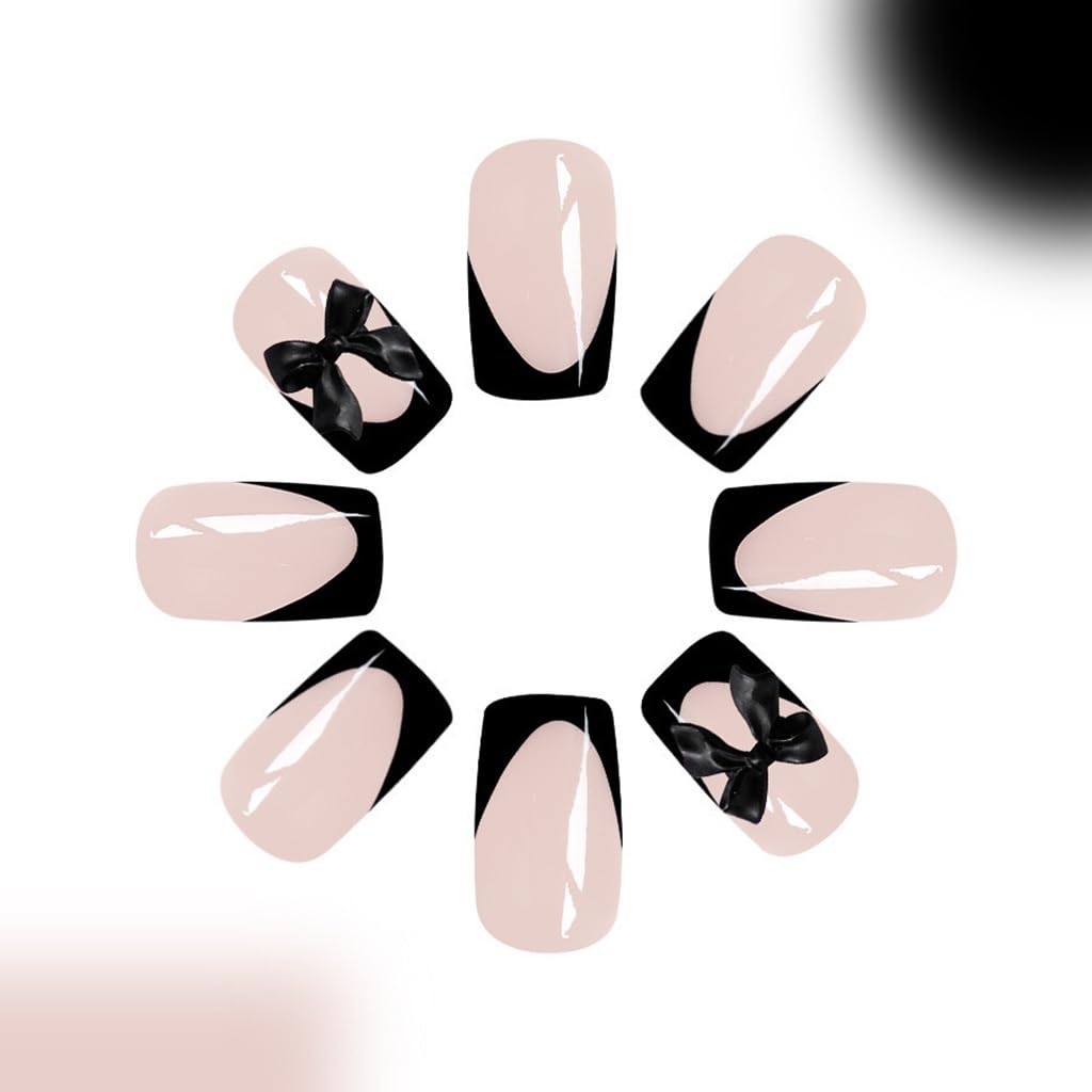 Black French Tip Press on Nails Square Fake Nails Medium False Nails with Bow Charms Design Glue on Nails Glossy Full Cover Stick on Nails Cute Acrylic Nails Press ons for Women Manicure 24Pcs