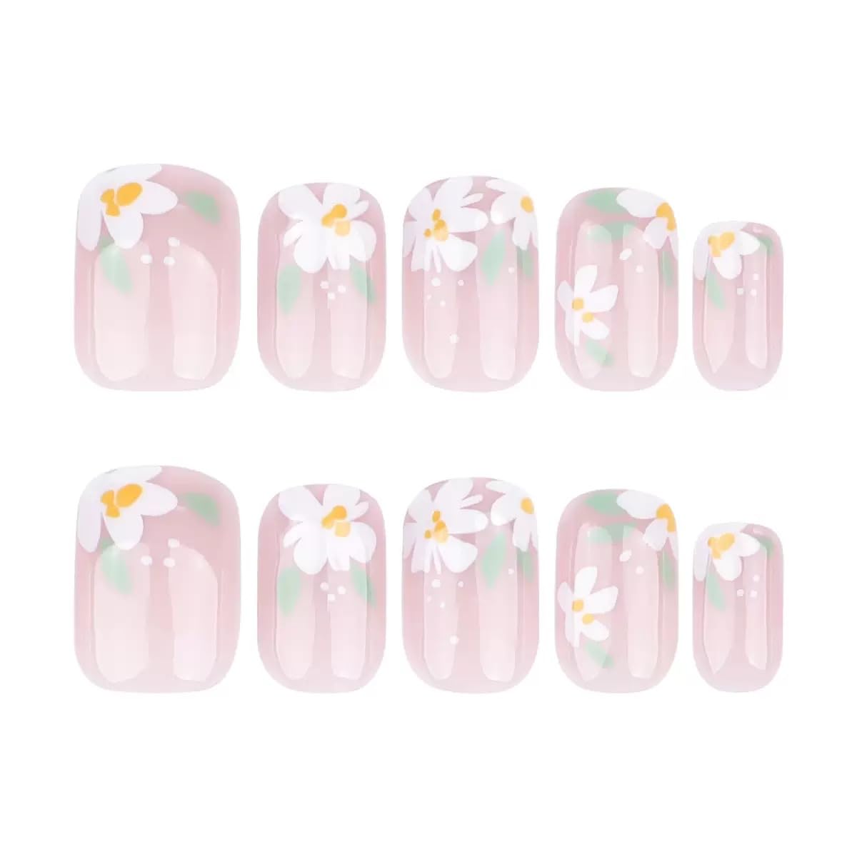 Short Press on Nails Square - Cute Fake Nails with Flower Leaf Design - Spring Full Cover Stick on False Nails for Women - 24 Pcs