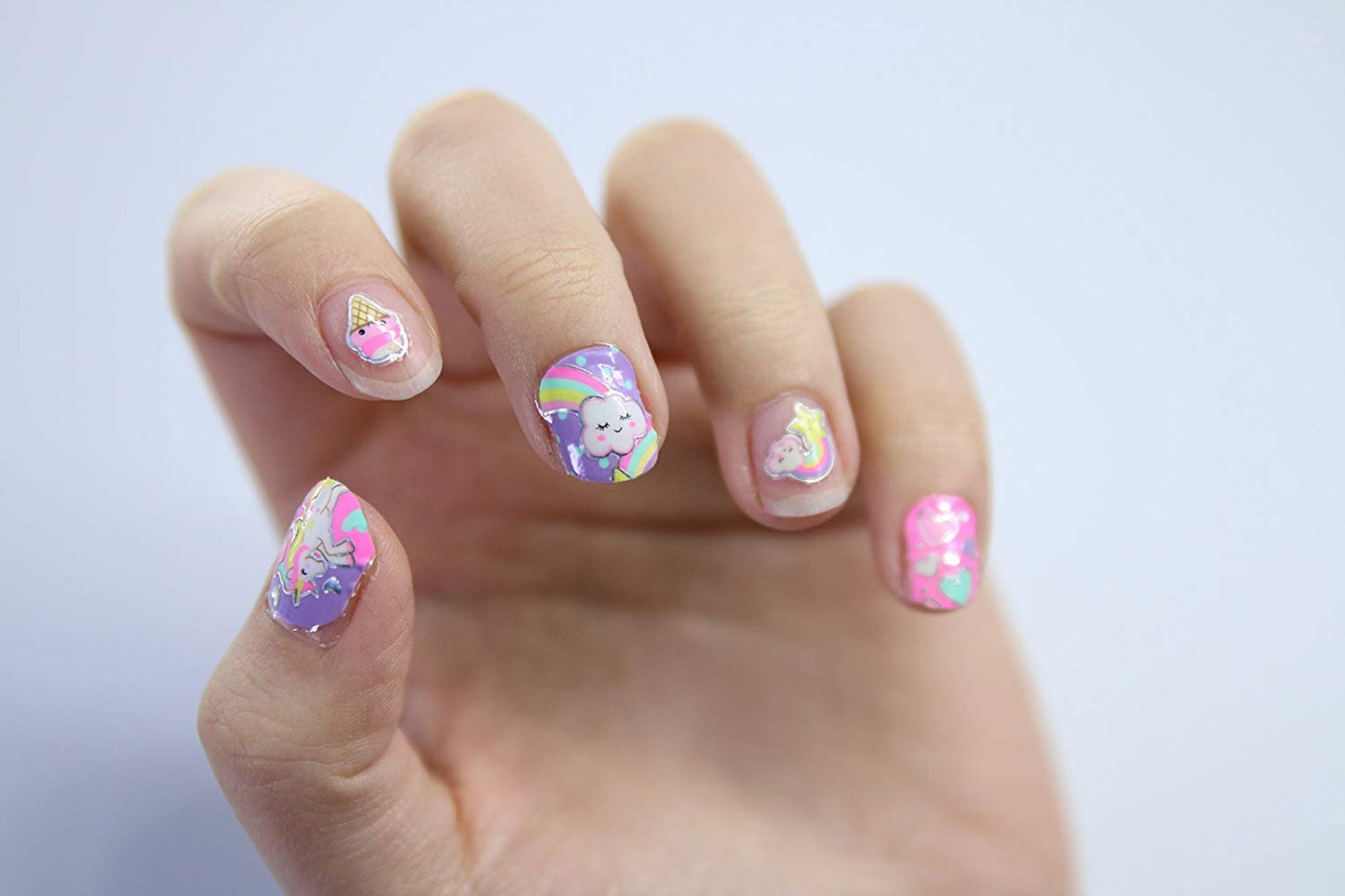Hot Focus Unicorn Nail Art Glow in the Dark Kit 77 Pieces - Nail Stickers Unicorn and Rainbow Set, Nail Patches, Nail Polish and Nail File - Non-Toxic Water Based Polish